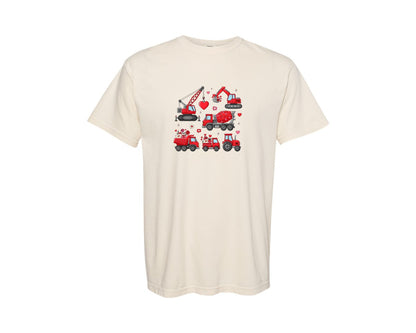brand:Comfort Colors|color:Ivory|Valentine Construction Vehicles Graphic T-Shirt