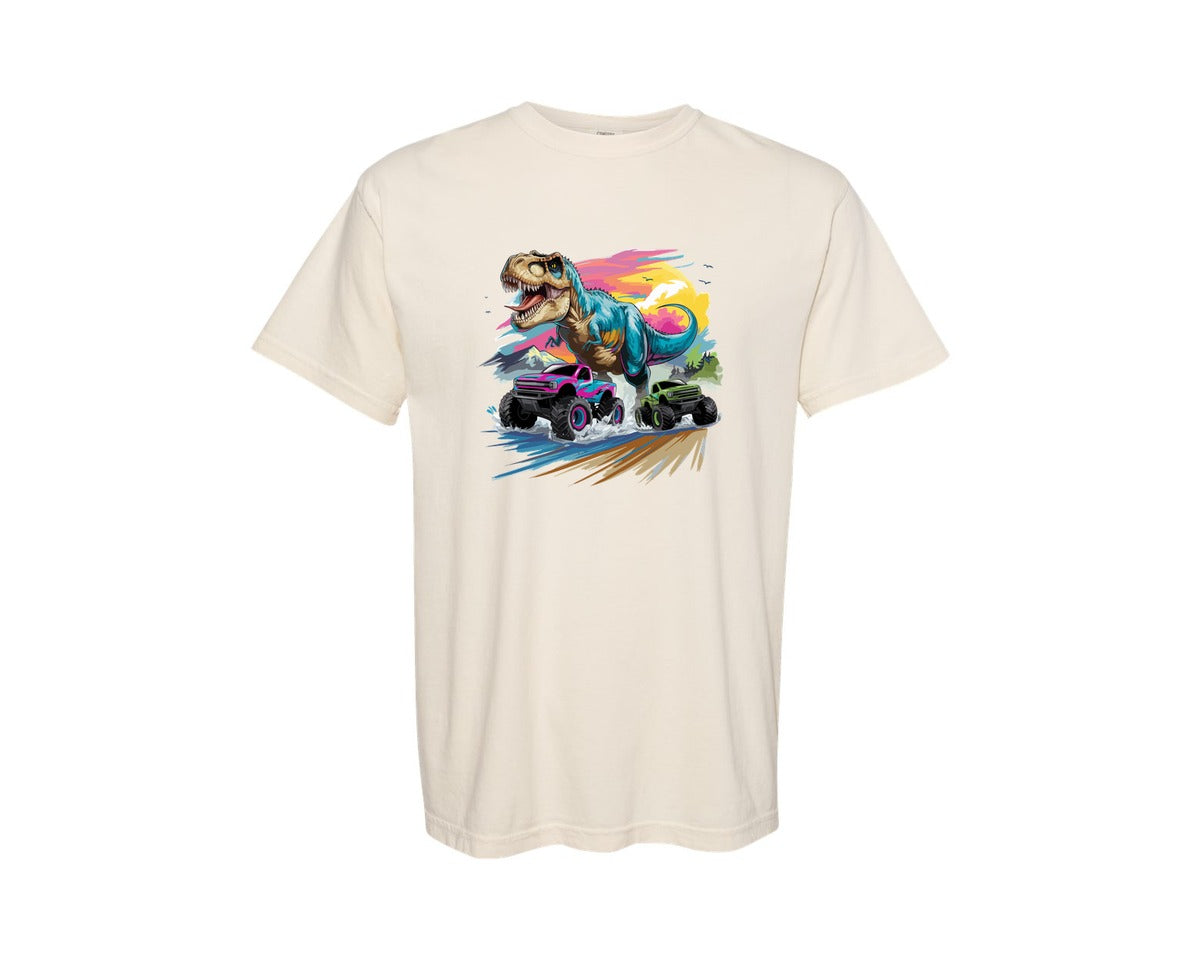brand:Comfort Colors|color:Ivory|Dino Truck Chase Sunset Power Graphic T-Shirt