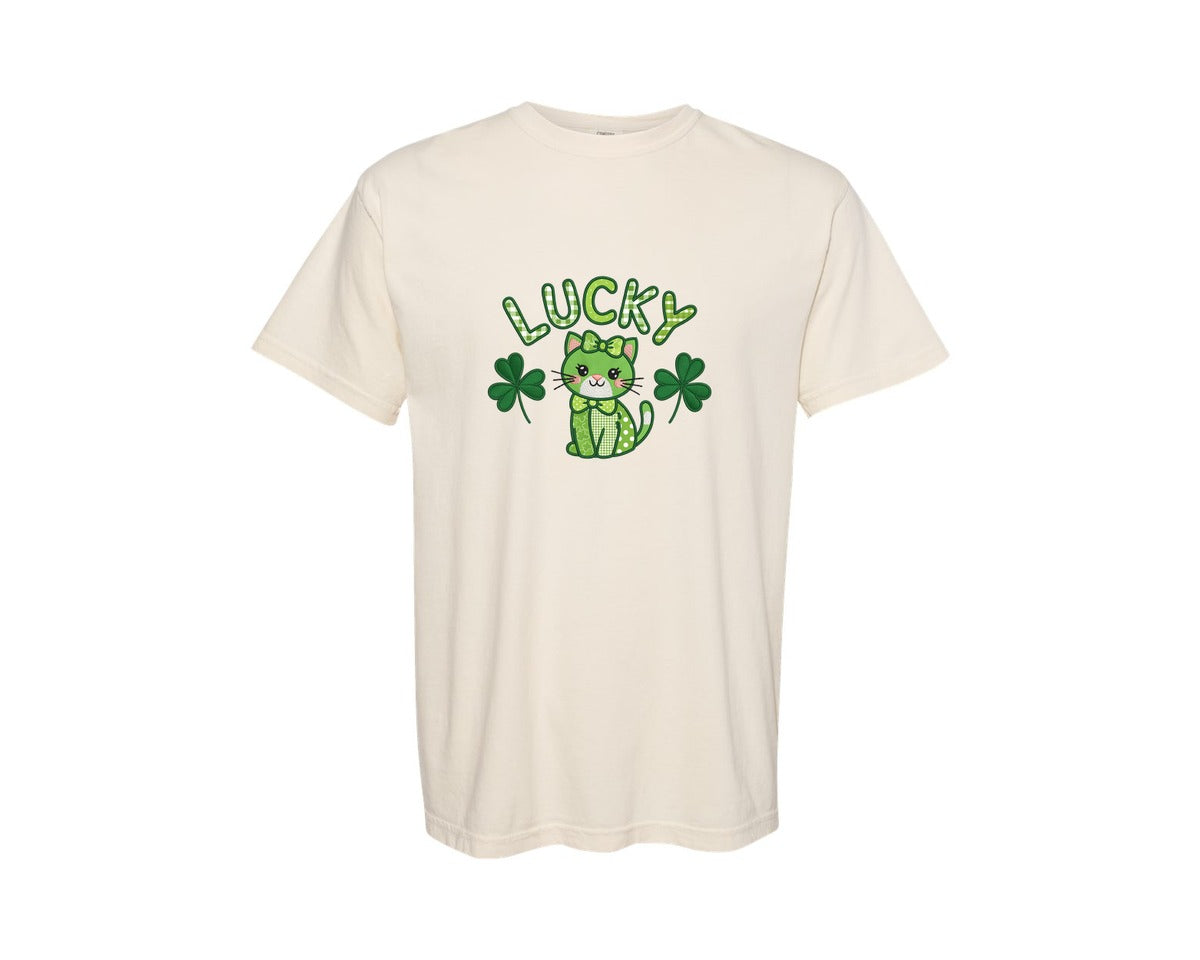 brand:Comfort Colors|color:Ivory|Kawaii Cat St Patricks Day Lucky C Graphic T-Shirt