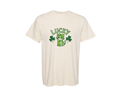 brand:Comfort Colors|color:Ivory|Kawaii Cat St Patricks Day Lucky C Graphic T-Shirt