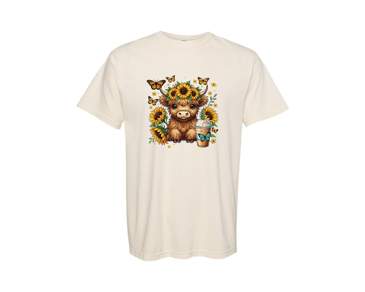 brand:Comfort Colors|color:Ivory|Cute Highland Cow Sunflowers 2 Graphic T-Shirt
