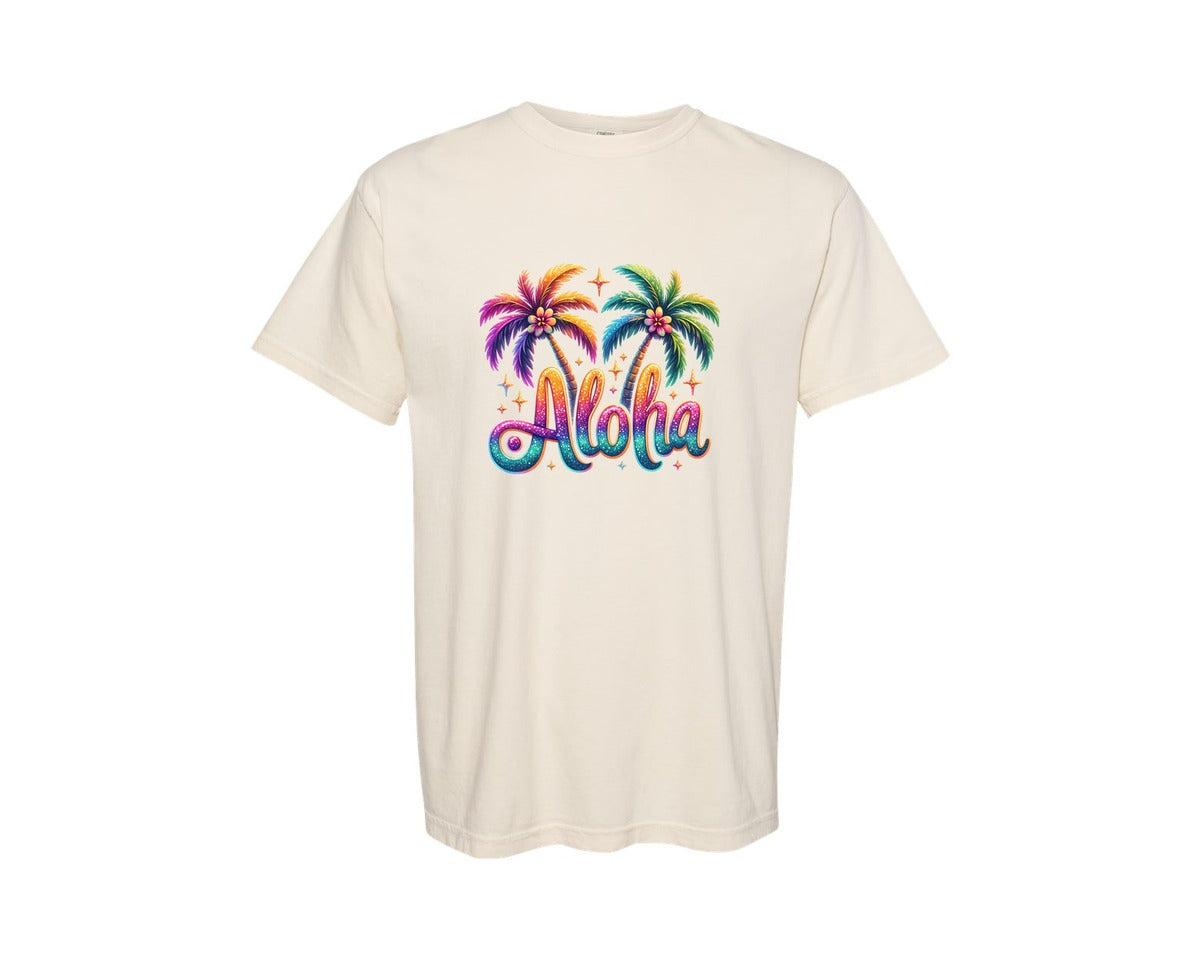 brand:Comfort Colors|color:Ivory|Colorful Summer Aloha Palm Trees Graphic T-Shirt