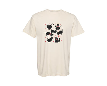 brand:Comfort Colors|color:Ivory|Black Cat Valentine Cute Heart Cat Graphic T-Shirt