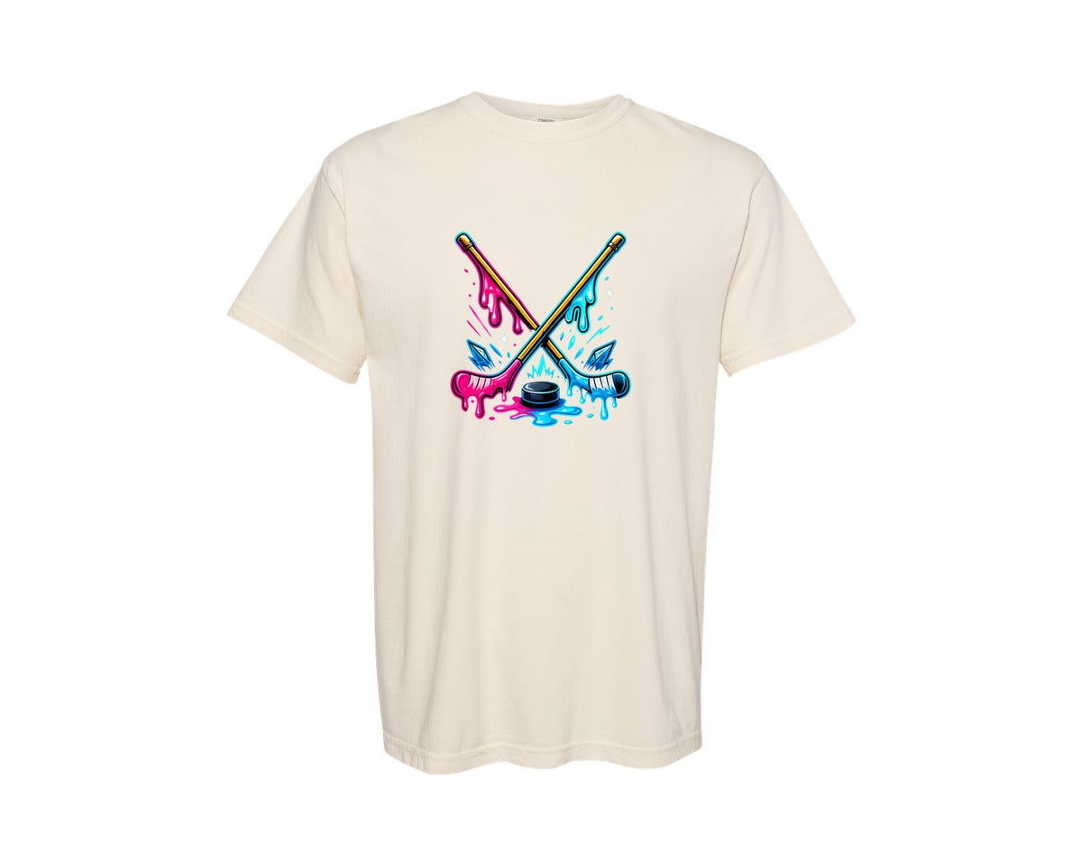 brand:Comfort Colors|color:Ivory|Drip Ice Hockey T Shirt Design Art Graphic T-Shirt