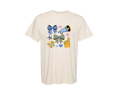 brand:Comfort Colors|color:Ivory|Cheer Coquette Blue Gold Cheer Mom 3 Graphic T-Shirt