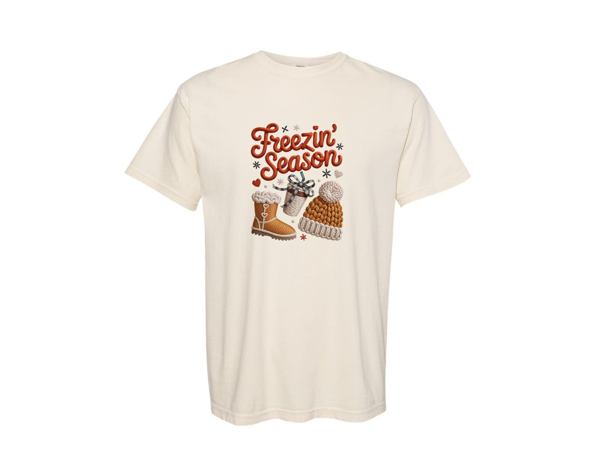 brand:Comfort Colors|color:Ivory|Faux Yarn Freezin Season Winter Fall Graphic T-Shirt