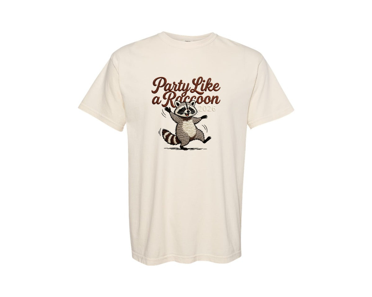 brand:Comfort Colors|color:Ivory|Nye Funny Raccoon Faux Embroidery Graphic T-Shirt