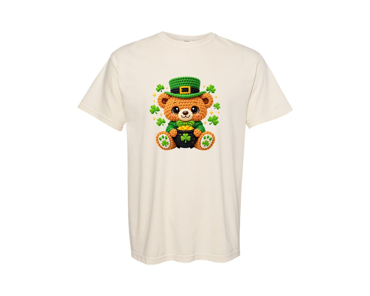 brand:Comfort Colors|color:Ivory|Crochet St Patricks Day Teddy Bear Graphic T-Shirt