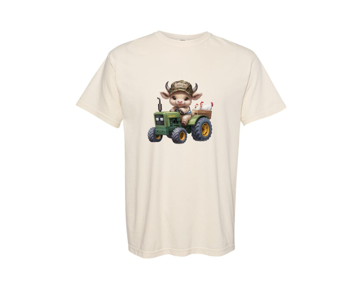 brand:Comfort Colors|color:Ivory|Farm Boy Cow Cute Tractor Art Graphic T-Shirt