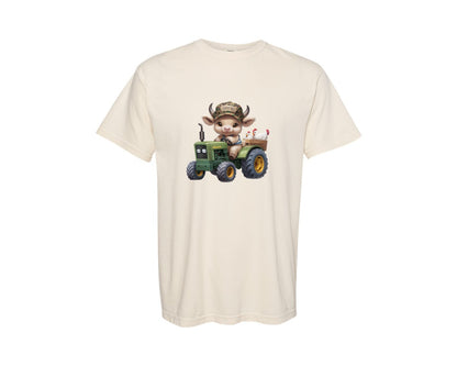 brand:Comfort Colors|color:Ivory|Farm Boy Cow Cute Tractor Art Graphic T-Shirt