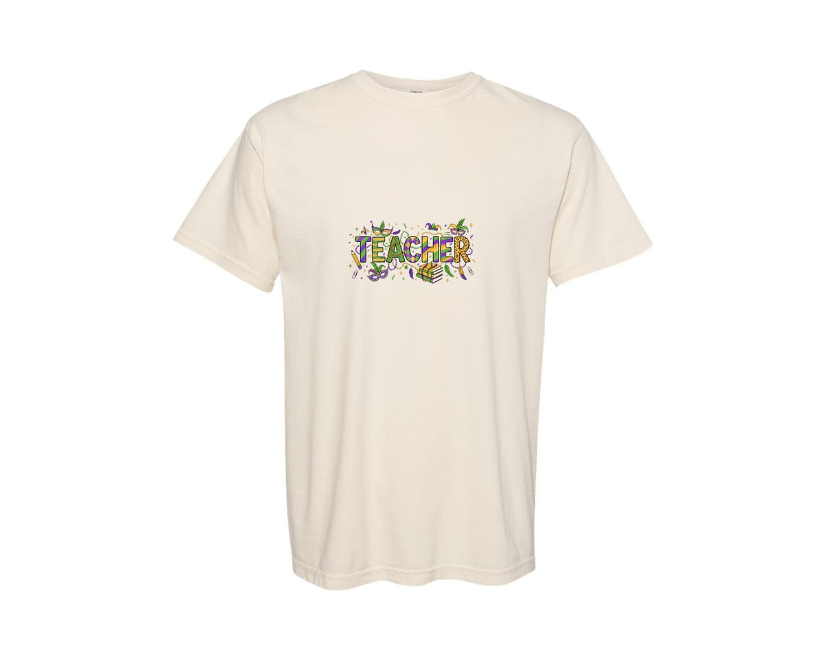 brand:Comfort Colors|color:Ivory|Mardi Gras Teacher Graphic T-Shirt