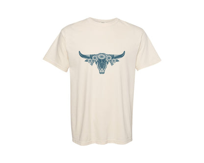 brand:Comfort Colors|color:Ivory|Western Bull Skull Longhorn Boho Flowers 4 Graphic T-Shirt