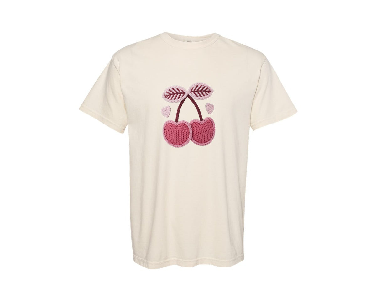 brand:Comfort Colors|color:Ivory|Faux Crochet Valentines Day Cherry 3 Graphic T-Shirt