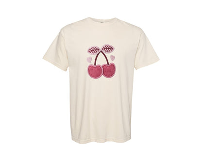 brand:Comfort Colors|color:Ivory|Faux Crochet Valentines Day Cherry 3 Graphic T-Shirt
