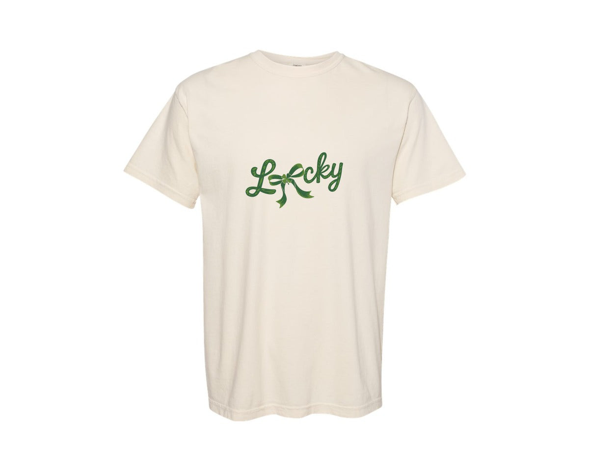 brand:Comfort Colors|color:Ivory|St Patricks Day Lucky Coquette Bow 10 Graphic T-Shirt