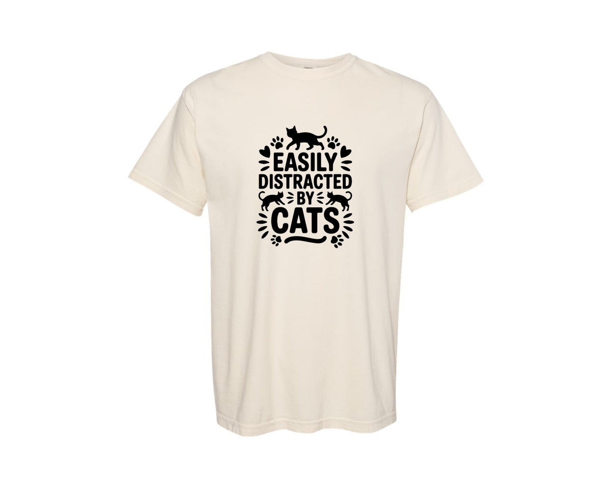 brand:Comfort Colors|color:Ivory|Easily Distracted By Cats Funny Cat Graphic T-Shirt