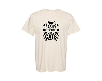 brand:Comfort Colors|color:Ivory|Easily Distracted By Cats Funny Cat Graphic T-Shirt