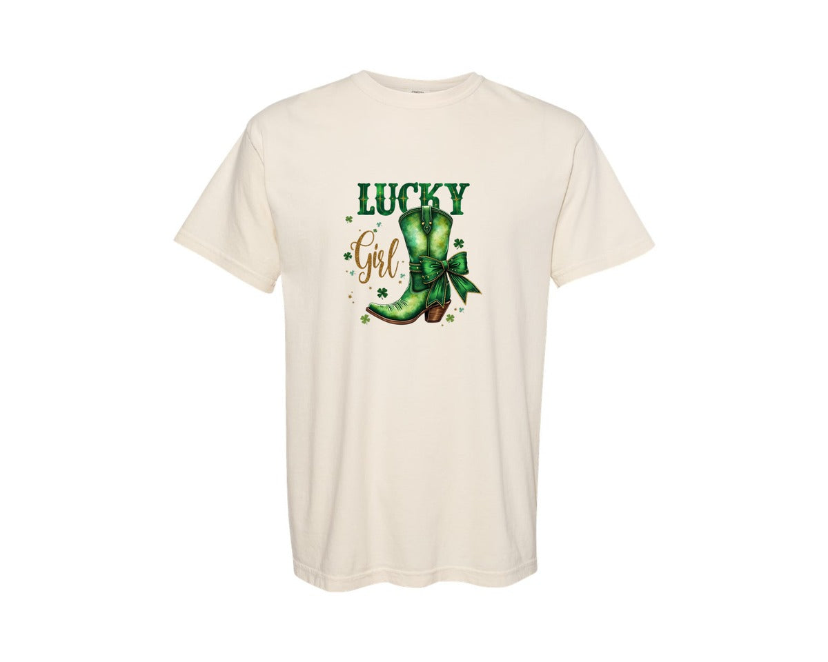 brand:Comfort Colors|color:Ivory|Lucky Girl St Patricks Day Cowboy Boots 2 Graphic T-Shirt