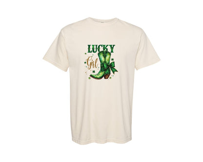 brand:Comfort Colors|color:Ivory|Lucky Girl St Patricks Day Cowboy Boots 2 Graphic T-Shirt