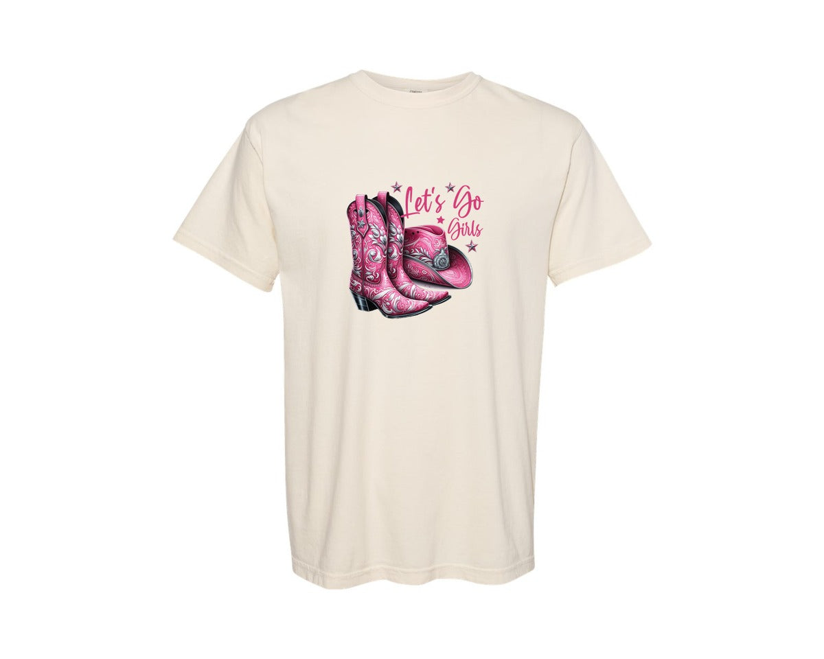 brand:Comfort Colors|color:Ivory|Lets Go Girls Cowgirl Boots 2 Graphic T-Shirt