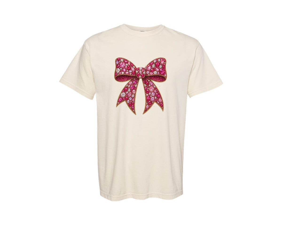 brand:Comfort Colors|color:Ivory|Faux Rhinestone Pink Bow 2 Graphic T-Shirt
