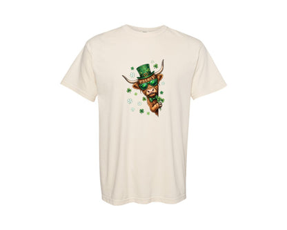 brand:Comfort Colors|color:Ivory|Funny Highland Cow St Patricks Day Graphic T-Shirt