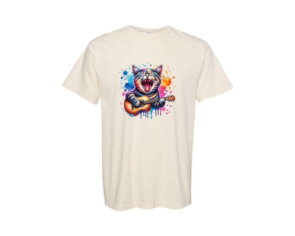 brand:Comfort Colors|color:Ivory|Colorful Funny Cat Music Guitar Graphic T-Shirt