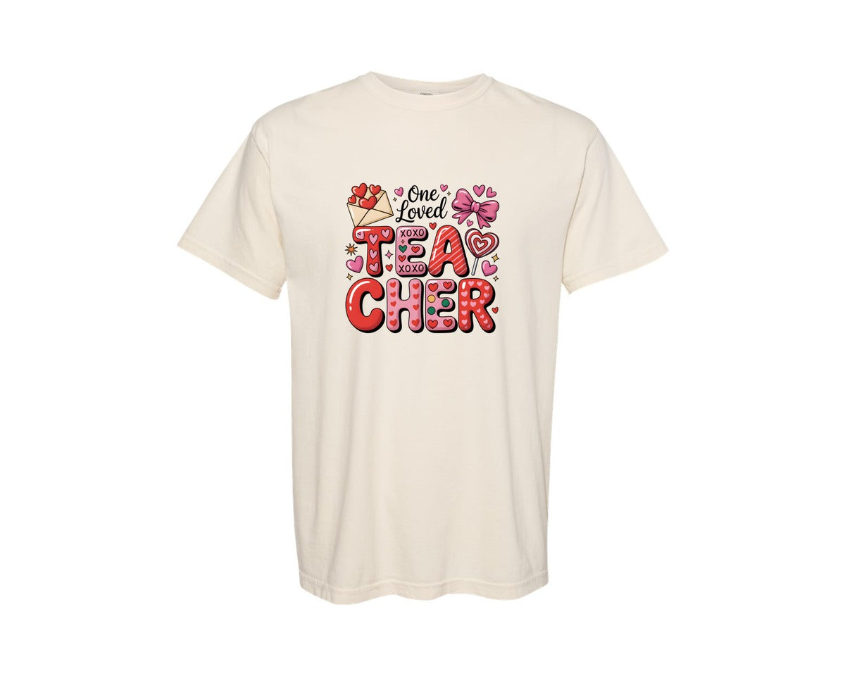 brand:Comfort Colors|color:Ivory|One Loved Teacher Valentines Day 3 Graphic T-Shirt