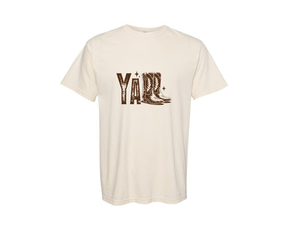 brand:Comfort Colors|color:Ivory|Yall Cowboy Boots Western Design Graphic T-Shirt