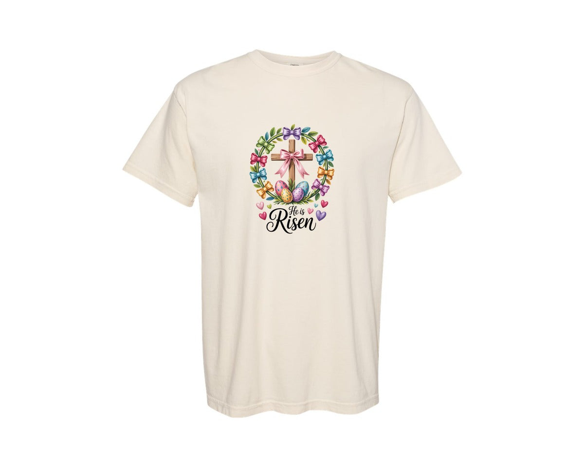 brand:Comfort Colors|color:Ivory|He Is Risen Easter Christian Cross 2 Graphic T-Shirt