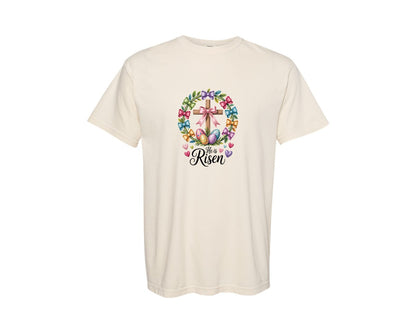 brand:Comfort Colors|color:Ivory|He Is Risen Easter Christian Cross 2 Graphic T-Shirt