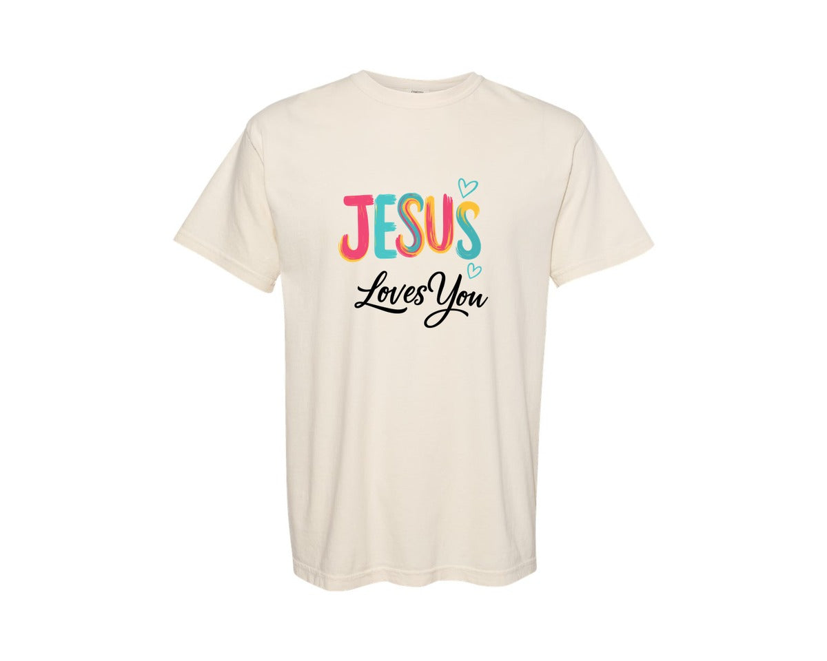 brand:Comfort Colors|color:Ivory|Colorful Jesus Loves You Design Graphic T-Shirt