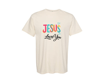 brand:Comfort Colors|color:Ivory|Colorful Jesus Loves You Design Graphic T-Shirt