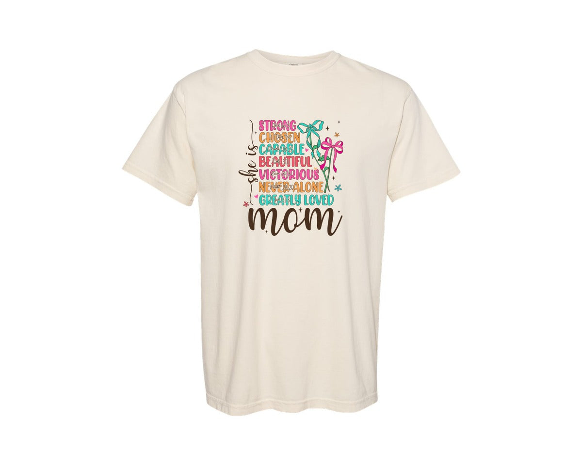 brand:Comfort Colors|color:Ivory|She Is Mom Colorful Bible Verse Graphic T-Shirt