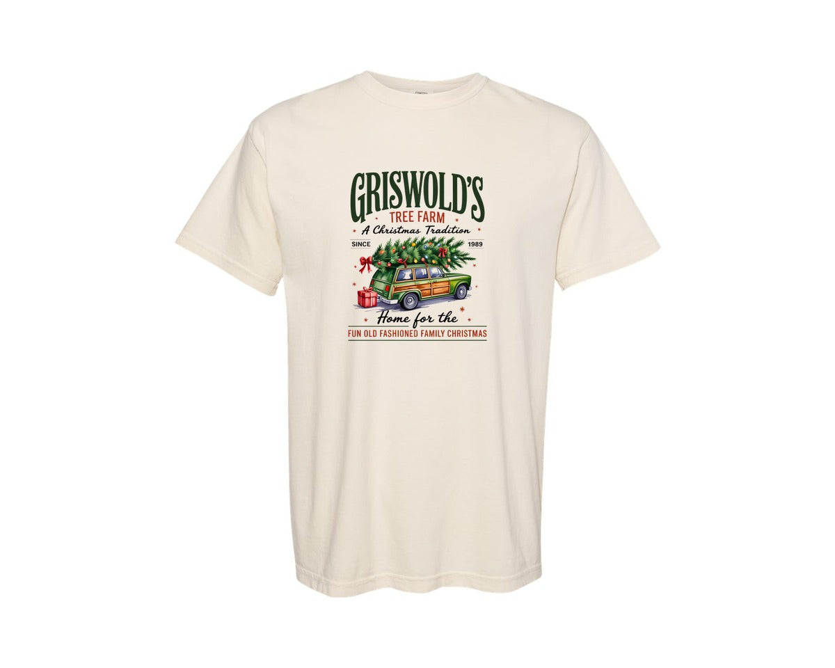 brand:Comfort Colors|color:Ivory|Vintage Griswold Christmas Tree Farm Graphic T-Shirt