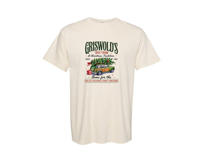brand:Comfort Colors|color:Ivory|Vintage Griswold Christmas Tree Farm Graphic T-Shirt