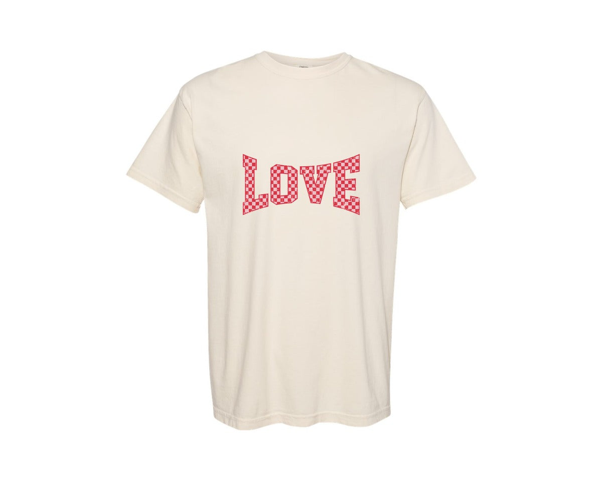 brand:Comfort Colors|color:Ivory|Checkered Valentine Varsity Retro Love Graphic T-Shirt