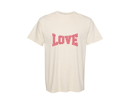 brand:Comfort Colors|color:Ivory|Checkered Valentine Varsity Retro Love Graphic T-Shirt