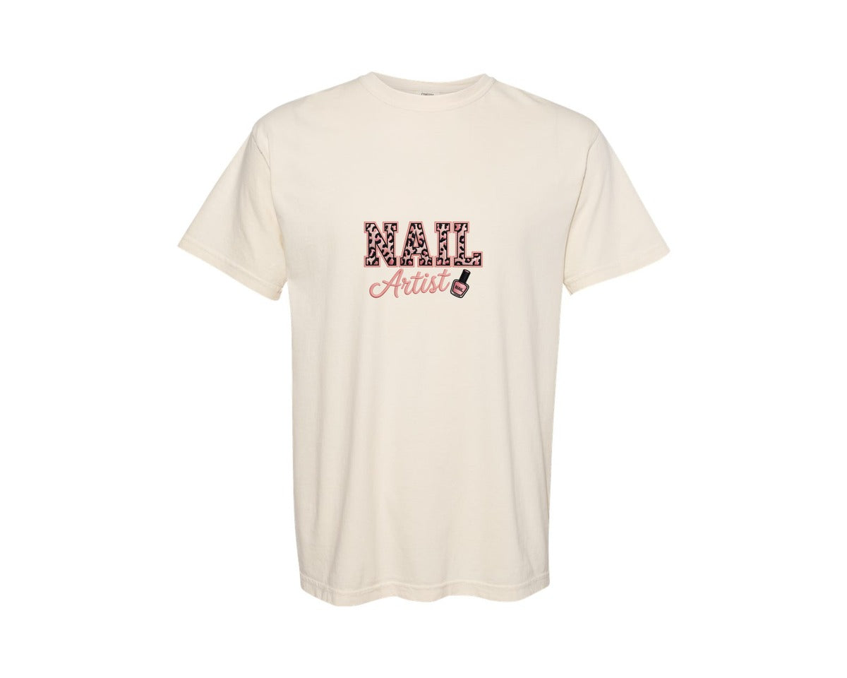 brand:Comfort Colors|color:Ivory|Nail Artist Embroidery Leopard Graphic T-Shirt