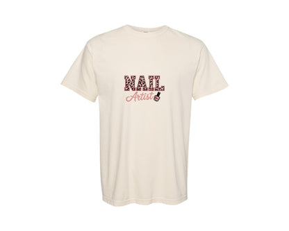 brand:Comfort Colors|color:Ivory|Nail Artist Embroidery Leopard Graphic T-Shirt