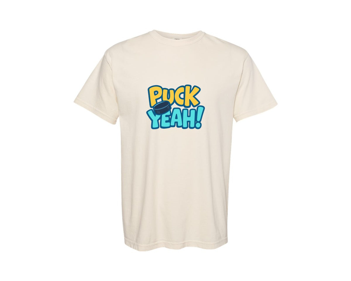 brand:Comfort Colors|color:Ivory|Puck Yeah Fun Hockey Quote Graphic T-Shirt