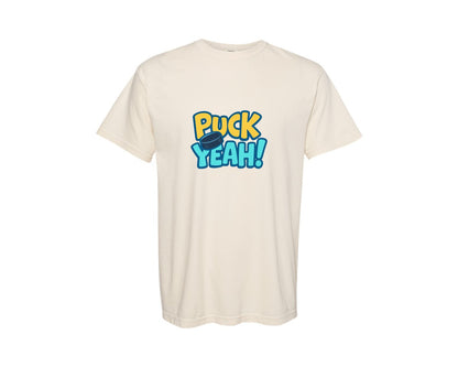 brand:Comfort Colors|color:Ivory|Puck Yeah Fun Hockey Quote Graphic T-Shirt