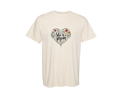 brand:Comfort Colors|color:Ivory|She Is Mom Flowers Heart Mothers Day Graphic T-Shirt