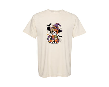 brand:Comfort Colors|color:Ivory|Patchwork Halloween Cat Witch Cat 6 Graphic T-Shirt