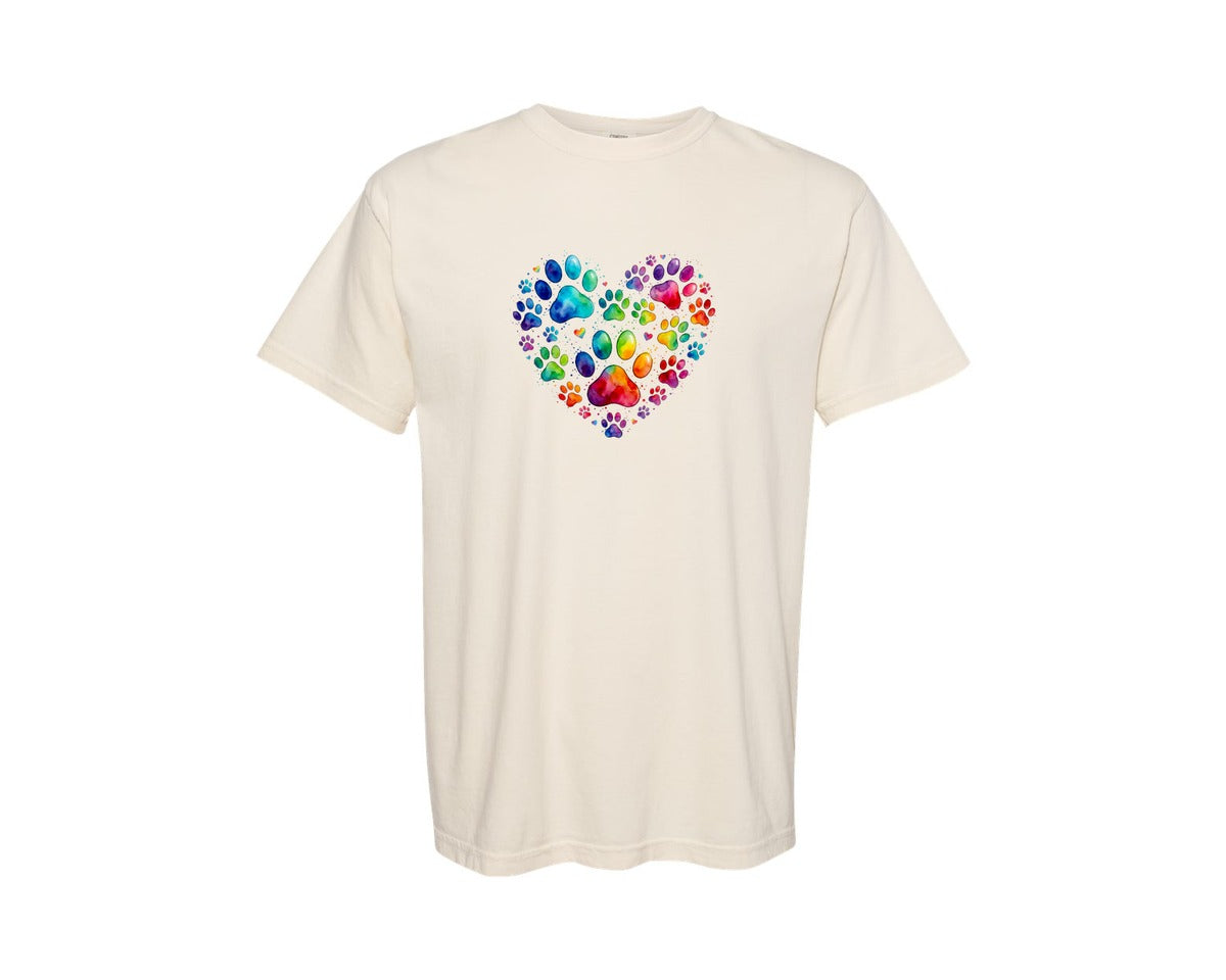 brand:Comfort Colors|color:Ivory|Watercolor Paw Print Heart Art Graphic T-Shirt
