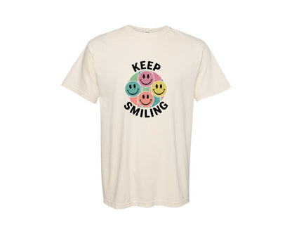 brand:Comfort Colors|color:Ivory|Retro Smiley Face Keep Smiling Graphic T-Shirt
