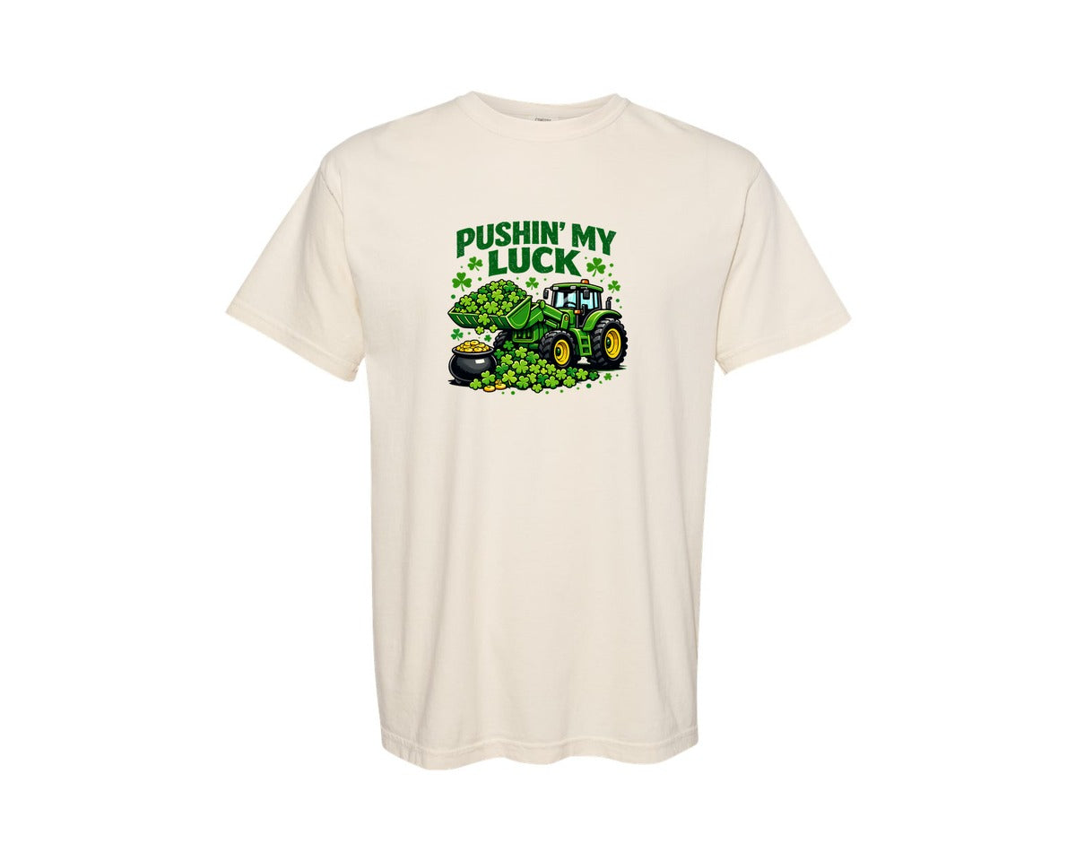 brand:Comfort Colors|color:Ivory|Pushin My Luck Shamrock Tractor Graphic T-Shirt