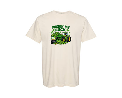 brand:Comfort Colors|color:Ivory|Pushin My Luck Shamrock Tractor Graphic T-Shirt