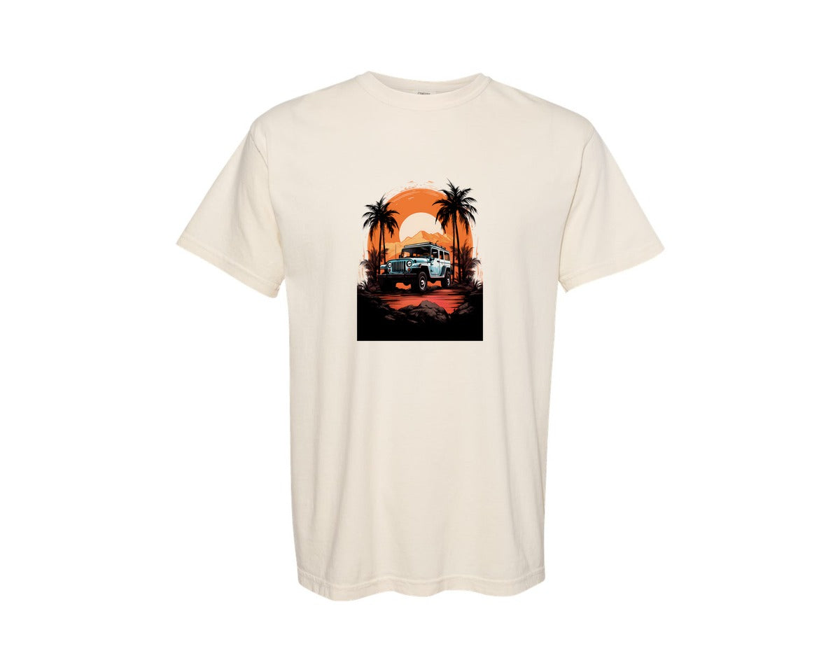 brand:Comfort Colors|color:Ivory|Tropical Car Sunset Graphic T-Shirt