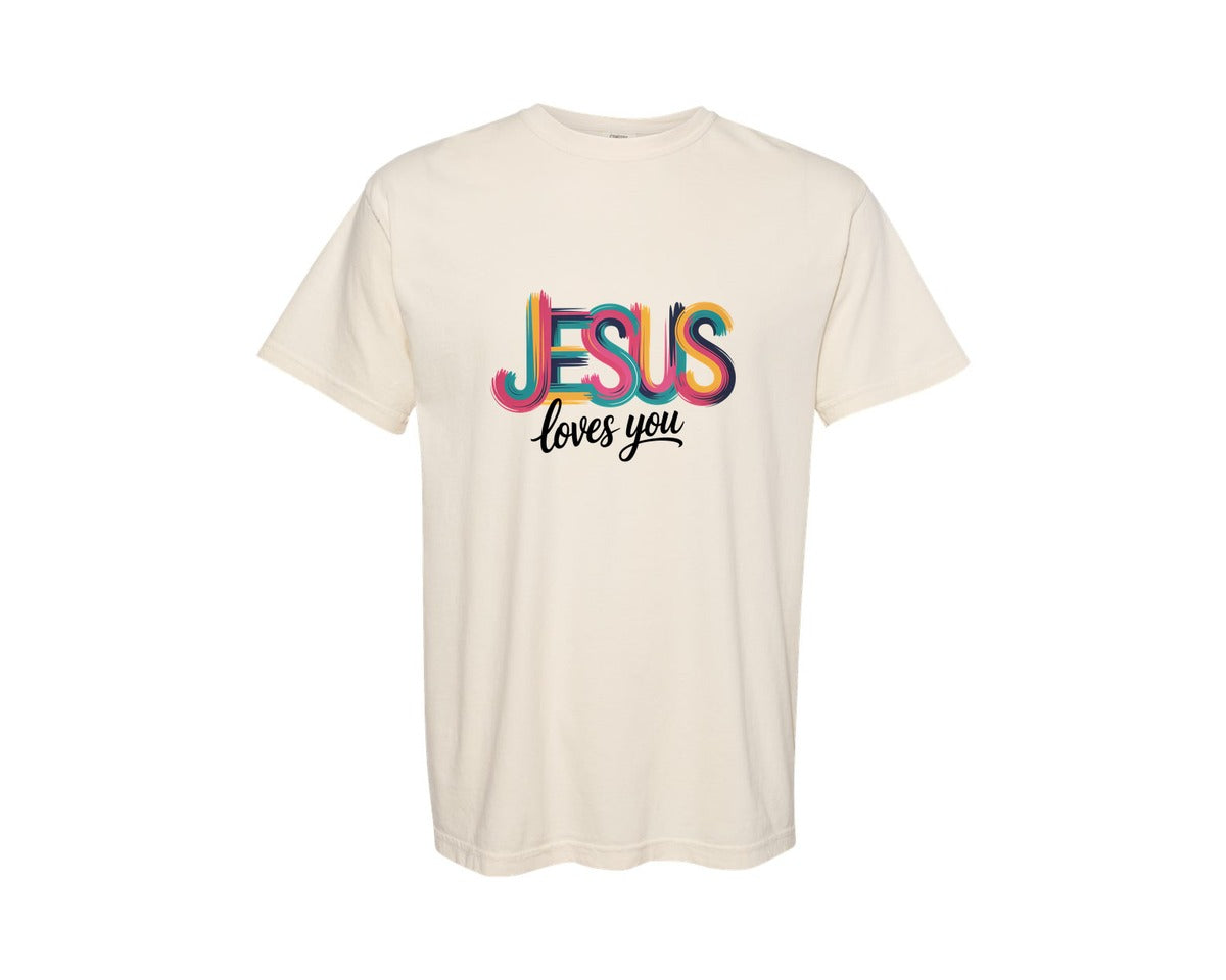 brand:Comfort Colors|color:Ivory|Christian Jesus Loves You Neon 4 Graphic T-Shirt